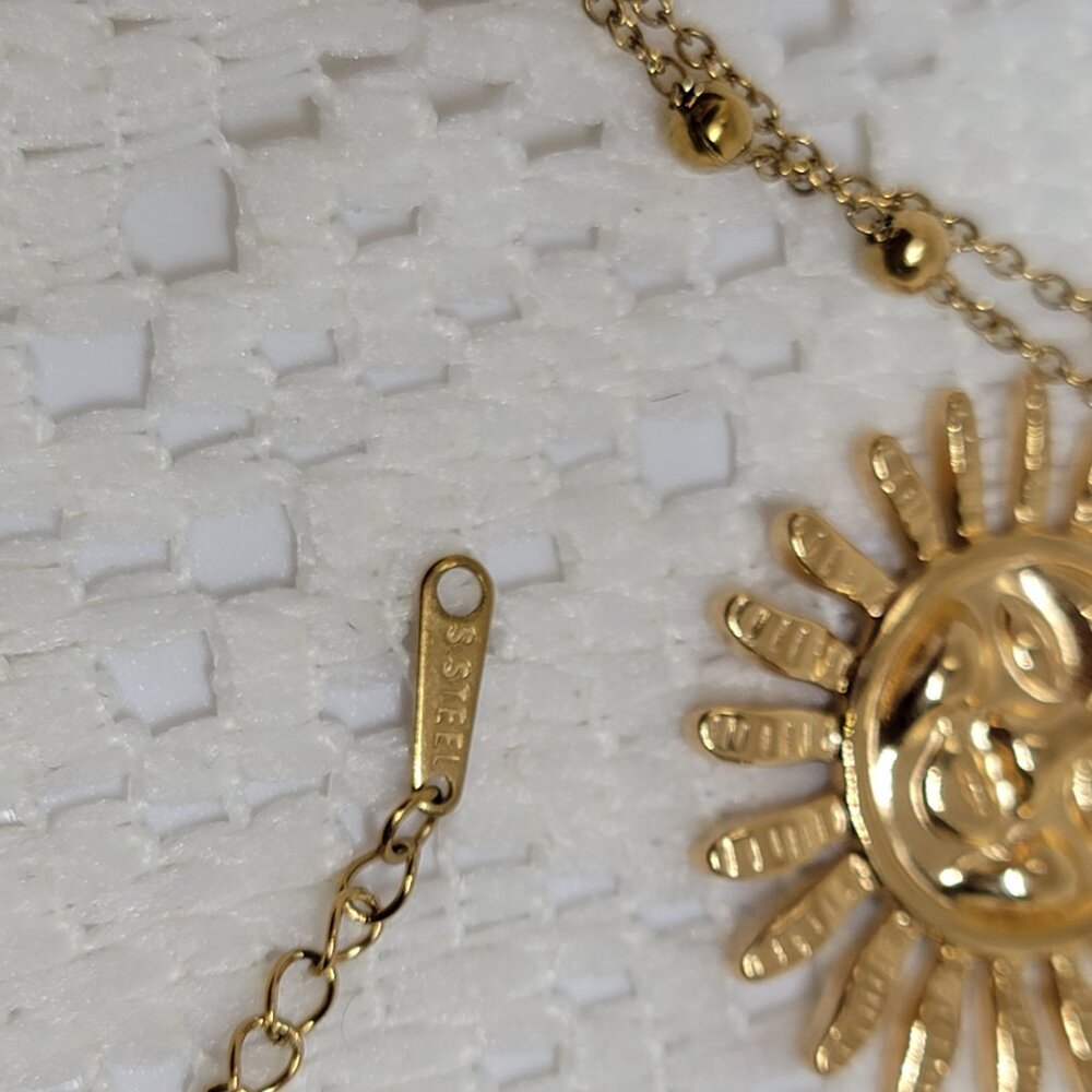 Sun Face Pendant Necklace Beaded Chain Stainless Steel 20 Inch 2 Inch Adj NEW - Picture 7 of 12